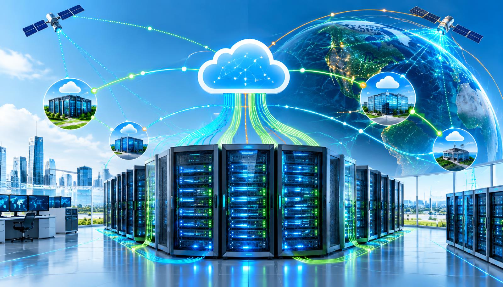 Enterprise data center connected to cloud and satellite networks